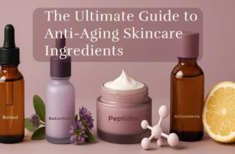 Luxury skincare flatlay with retinol, bakuchiol, peptides and antioxidants – anti-aging skincare guide