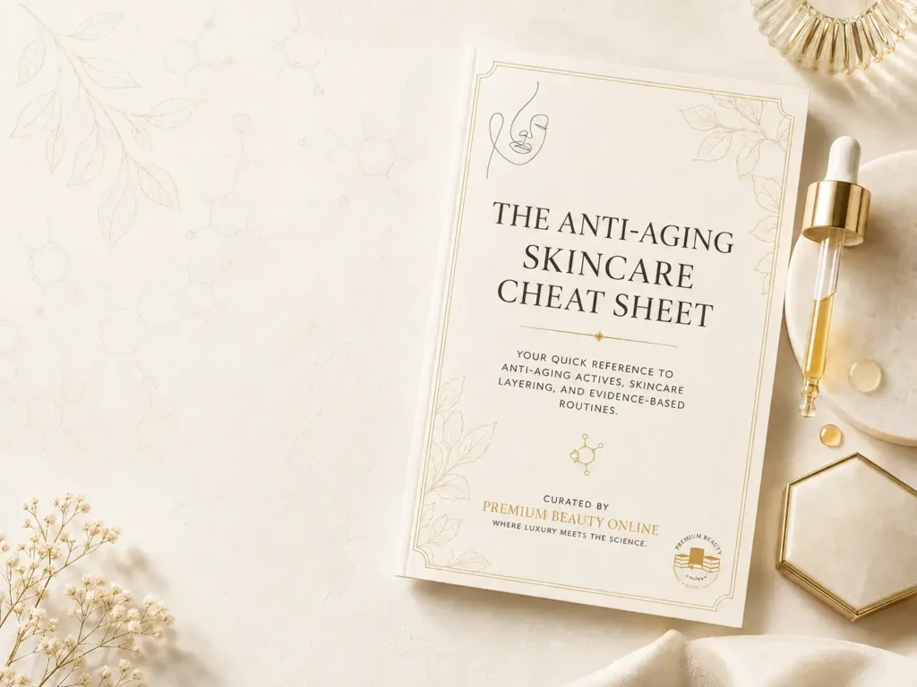 Premium Beauty Online Anti-Aging Skincare Cheat Sheet guide flat lay